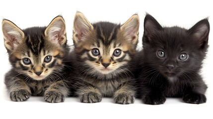 Three adorable kittens are posing for the camera in a row