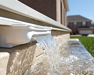 A flowing water feature is cascading over stonework materials
