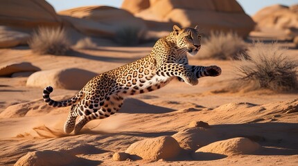 Arabian leopard mid-leap on rugged desert terrain, lithe body stretched in motion. Tawny-gold fur, piercing yellow eyes, golden light, and dynamic composition evoke agility and desert majesty.