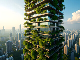 Obraz premium Modern Office Green Building: Panoramic View - Generative AI 