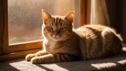 A serene cat lounging peacefully in a sunbeam, bathed in warm, golden light that illuminates its fur. Soft shadows enhance the cozy, tranquil ambiance of this heartwarming scene.