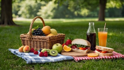 A vibrant summer picnic in a park featuring a picnic blanket, wicker basket, fresh fruits, sandwiches, and refreshing drinks. Highlighted by natural lighting, lush greenery, and a joyful atmosphere.