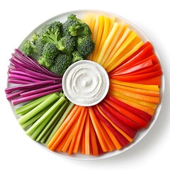 A colorful arrangement of fresh vegetables and white dip on a plate