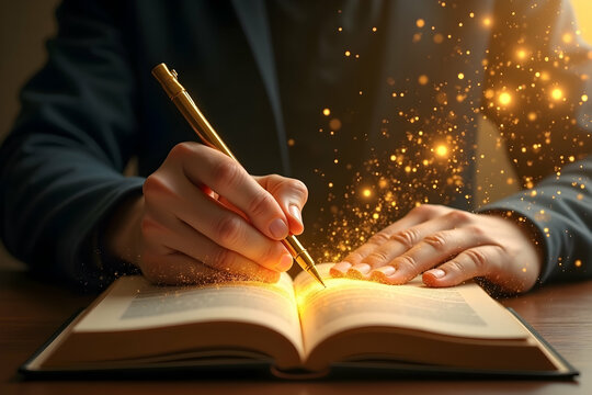 Captivating close up of a golden pen writing on an open book, radiating with shimmering light and evoking creativity and knowledge, storytelling concept