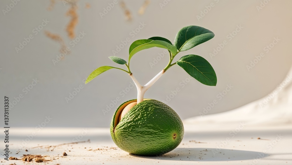 Fototapete a freshly sprouted avocado sapling with its rounded seed split open at the base.