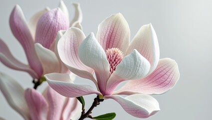 Fototapeta premium a close up captures the delicate beauty of a pink and white magnolia flower in bloom