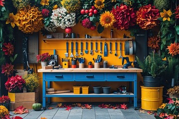 Bright Workbench Surrounded by Seasonal Flora for Promotional Use