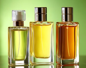 Three elegant perfume bottles with colored fragrance liquids are displayed