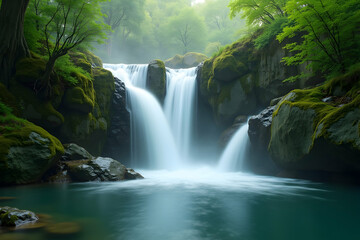 Captivating image of a breathtaking waterfall cascading down moss covered rocks into a serene pool surrounded by lush verdant foliage and trees