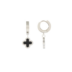 Elegant silver earrings with black clover charm and hoop design. Jewelry 