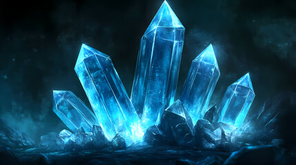 Glowing blue crystals in a dark cave emitting a mystical, serene ambiance. Echoing Luminance. Illustration