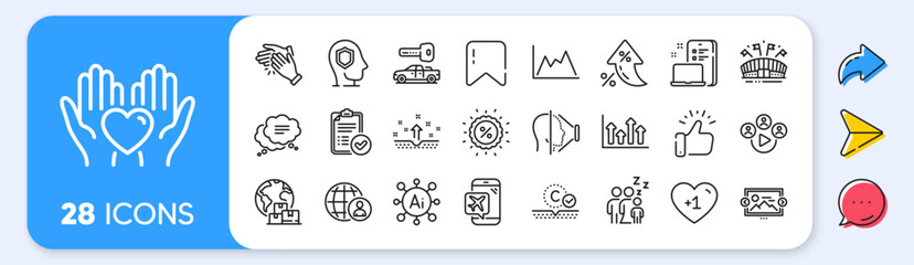 Video conference, Collagen skin and Upper arrows line icons. Interest rate, AI generate, Inflation icons. Pack of Diagram, Text message, Sports arena icon. Vector