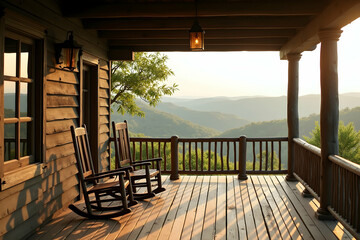 Captivating view from the porch of a rustic cabin retreat, showing rolling hills, cozy rocking chairs, and the promise of relaxation and tranquility