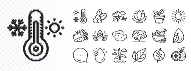 Orange, Lotus and Organic tested line icons for web app. Glare of light effect. Message icon. Pack of Salad, Vitamin e, Thermometer pictogram icons. Weather thermometer, Sun, Vegetables signs. Vector