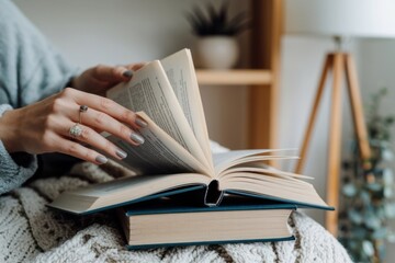 A person turns the pages of an open book while seated on a cozy blanket, with a stack of books beside them and a lamp in the background.