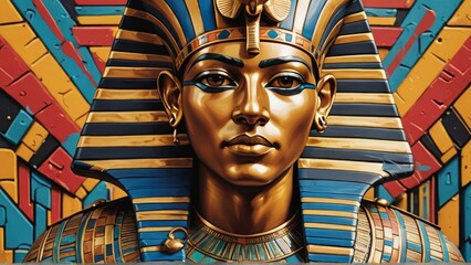 Obraz premium Pharaoh bust with colorful brick background. History, art design perfect for ancient Egypt, artifacts, or creative themes.
