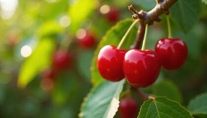 Obraz premium Ripe cherries hanging on a tree branch in a lush garden, Red juicy cherries, Cherry picking 