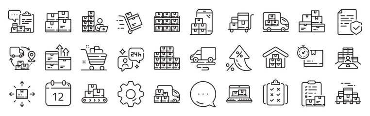 Inventory line icons. Settings gear, Message, Inflation icons. Warehouse manager, Wholesale stock, Goods checklist. Delivery logistic, Box shelf, Warehouse distribution outline icons. Vector