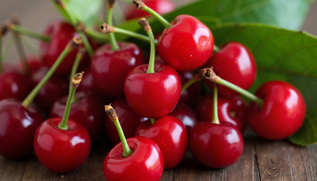 Fresh Red Cherries with Green Leaves on Wooden Surface, Red juicy cherries, Cherry picking  
