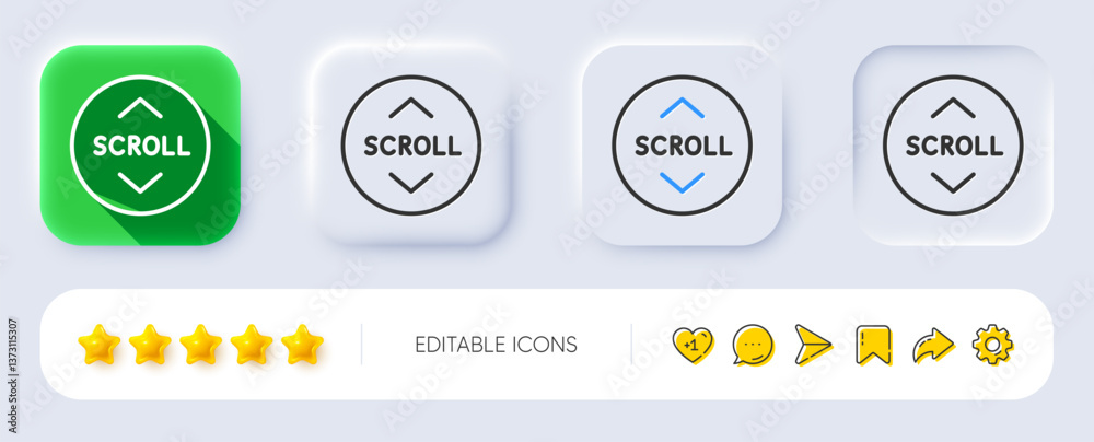 Poster scroll down button line icon. neumorphic, flat shadow, 3d buttons. scrolling screen sign. swipe page