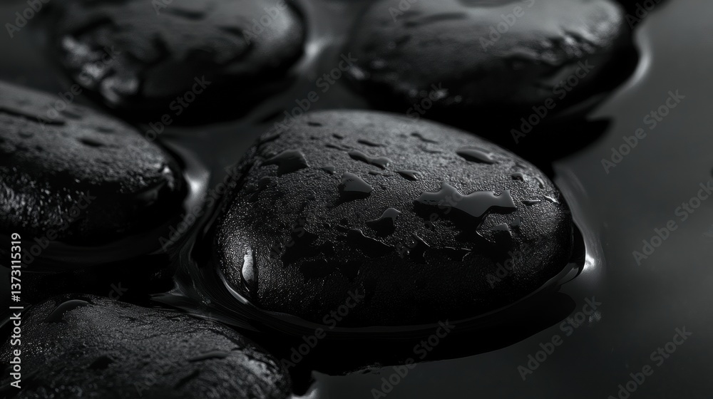 Leinwandbilder close-up view of smooth black river stones on reflective wet surface showcasing minimalist nature te