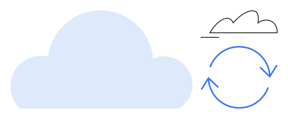 Large stylized cloud icon with circular arrows symbolizing synchronization, next to outlined cloud. Ideal for technology, networking, data, backup, cloud storage, connectivity, flat simple metaphor