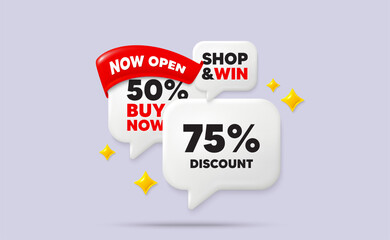 Discount speech bubbles. Now open flag ribbon. 75 percent discount tag. Sale offer price sign. Special offer symbol. Discount chat bubbles with 3d sparkles. Vector