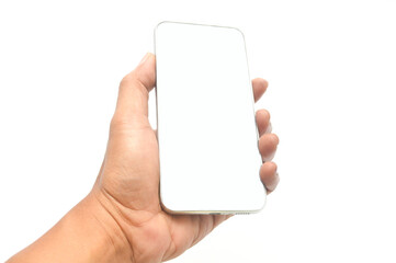 Mobile phone with white screen in men hand isolated on a white color background. Blank with an empty copy space for the text. Trendy collage in magazine urban style. Modern design