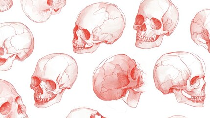 Futuristic pink wireframe skull pattern with geometric forms on a white background. Digital art