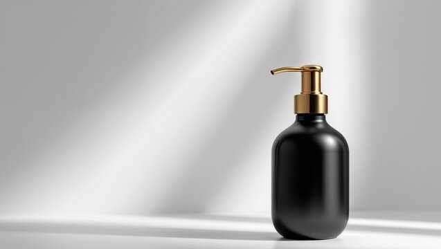 A black dispenser bottle with a gold colored pump head