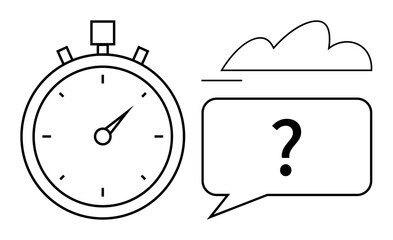 Stopwatch alongside a speech bubble with a question mark and a cloud. Ideal for time management, decision-making, problem-solving, brainstorming, deadlines, productivity, flat simple metaphor
