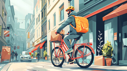 A gig worker delivering packages on a bike, navigating a busy urban environment.

