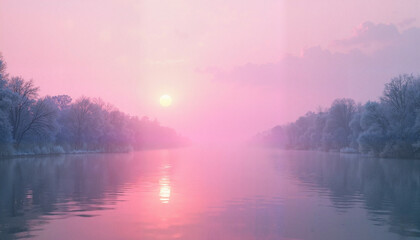 Fototapeta premium Serene river at sunrise reflecting pink hues and frosty trees, Soft pink sky, White nights 
