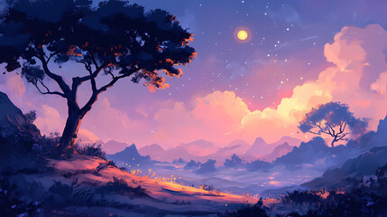 Dive into mystic charm of sand hills at dusk where peace soft winds and spellbinding dance of glow and shadow craft a gripping moment. Wandering Glow. Illustration