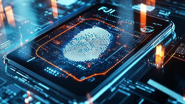 A smartphone positioned at an angle with its screen featuring a fusion of a fingerprint and a globe symbolizing personal data security on a global scale. Scattered around are various