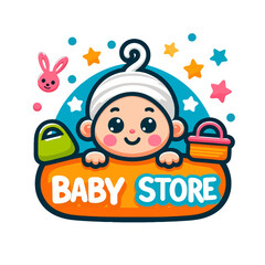 Fototapeta premium Logotipo de tienda para bebés en estilo cartoon infantil con fondo blanco, realizado en formato EPS10, ideal para branding con un diseño tierno y amigable para los pequeños