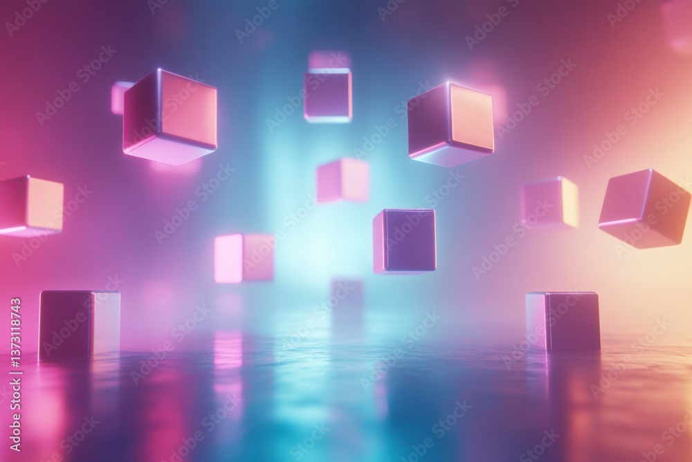 Poster Floating colorful 3D cubes create a futuristic minimalistic atmosphere with neon gradients and soft reflections in a digital space