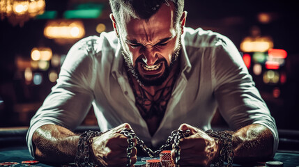 Man in handcuffs sits at the poker table. Gambling addiction concept. Devastated gambler man losing a lot of money playing poker in casino. 