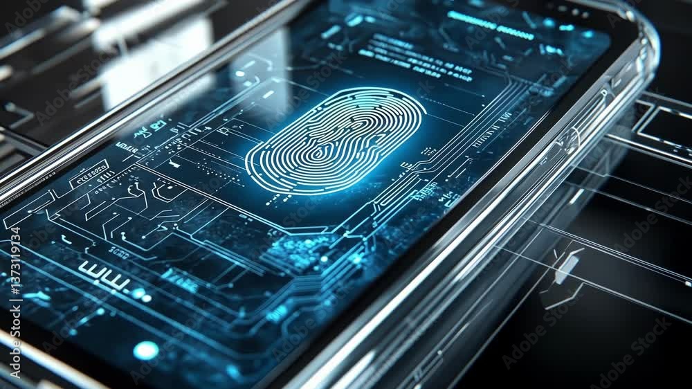 Poster futuristic transparent smartphone displaying glowing fingerprint for biometric identification, enhan
