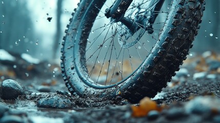 Muddy mountain bike tire in wet forest trail