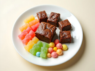 Delicious Array, High-Resolution Commercial Grade Image of Brownies, Colorful Gummy Bears and Candy Spheres on a White Plate Displaying an Assortment of Sweet Treats
