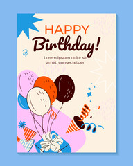 Birthday greeting card design with cake, balloons and typography design. Abstract universal grunge artistic templates. For poster, business card, invitation, flyer, banner, email header	
