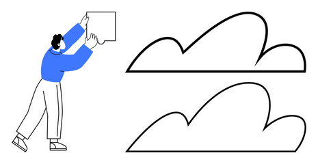 Person moving a square block toward linear cloud shapes, symbolizing creativity, organization, teamwork, cloud storage, problem-solving, design thinking, and digital transformation. Flat simple