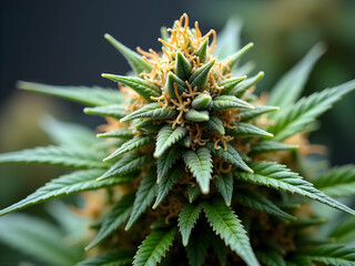 Detailed close up photo showcasing the vibrant green and orange hues of a meticulously cultivated cannabis plant in full bloom, highlighting its intricate leaf structure
