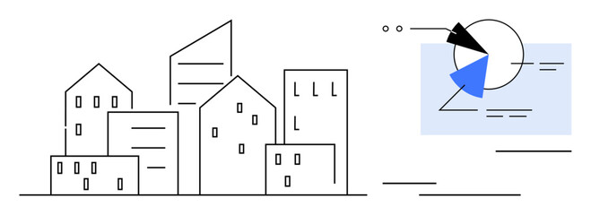 Minimalist cityscape of geometric buildings paired with analytical charts and graphics. Ideal for city planning, architecture, urban research, data visualization, smart cities, modern design, flat