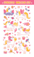 Childrens stickers set with magic unicorn. Kids vector characters. Beautiful horns with gold hairs.