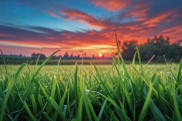 Fototapeta premium Bright Green Grass Under a Vibrant Sunset Sky