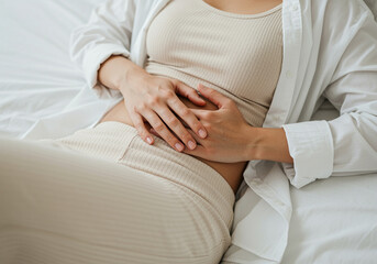 Woman lying on bed holding stomach with abdominal pain and wellness in white shirt and beige clothes