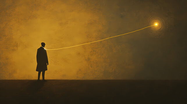 A glowing thread tying a shadowy figure to a faint light in the distance. wraithlike. illustration. Wraithlike Light. Illustration