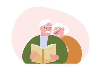 Elderly couple reading a book, spending happy time together. Vector graphics.